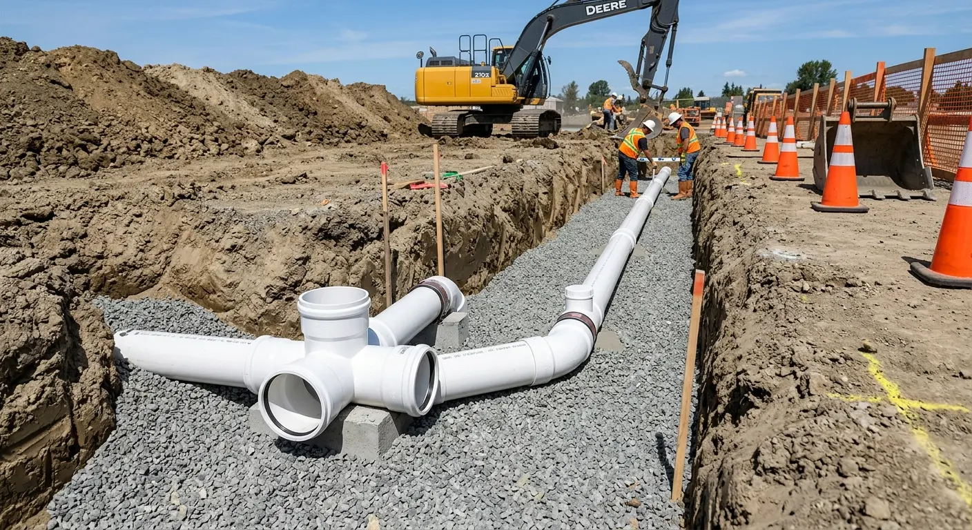 New PVC sewer pipe installation in open trench for Sewer Backup in Mount Vernon
