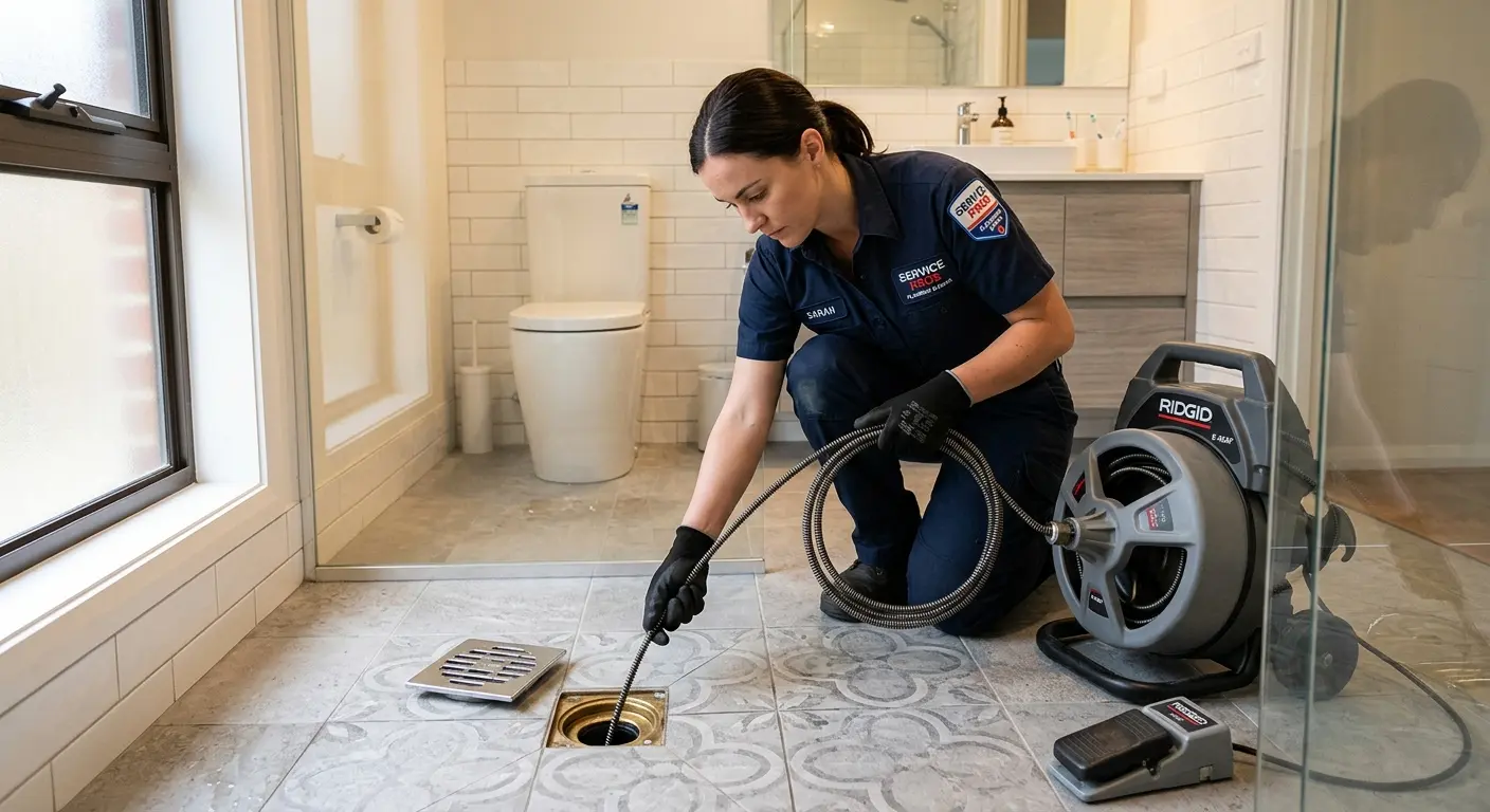 Technician clearing a bathroom floor drain for Drain Cleaning in Mount Vernon